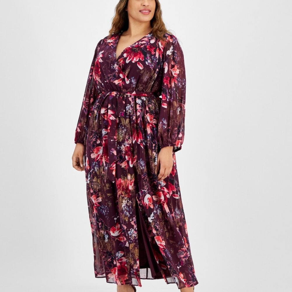 Robbie Bee Plum Floral Surplice Wrap Maxi Dress Size 16W NWT Chiffon Long Sleeve